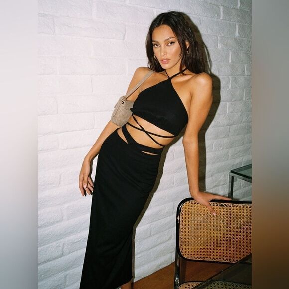 Princess Polly Black Mariah Cotton Linen‎ Cutout Midi Sheath Skirt 4US - Picture 9 of 9